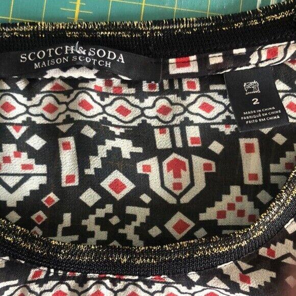 Maison Scotch & Soda Sheer Aztec Boho Top Womens 2 Black Red Gold Long Sleeve - Picture 3 of 6